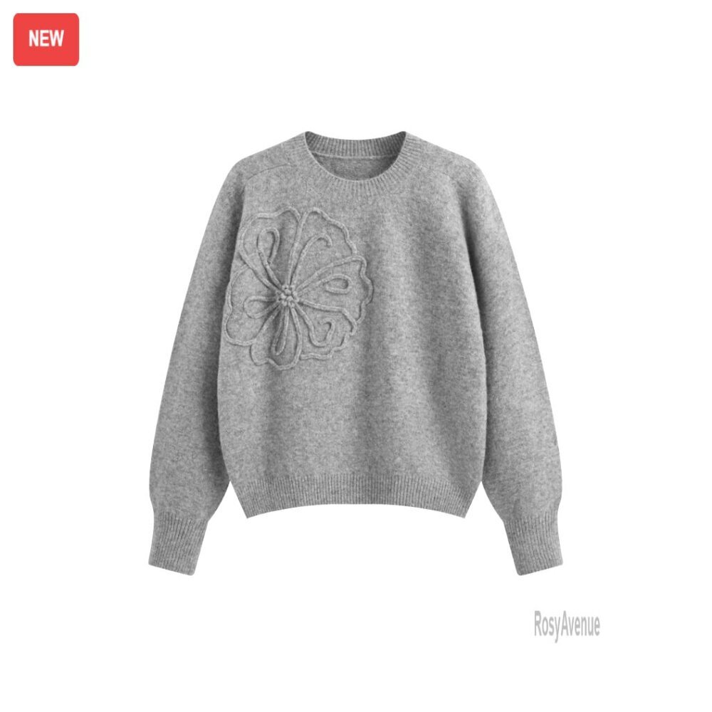 Loose Fit Crew Neck Floral Pullover Sweater Long Sleeve Knit Top